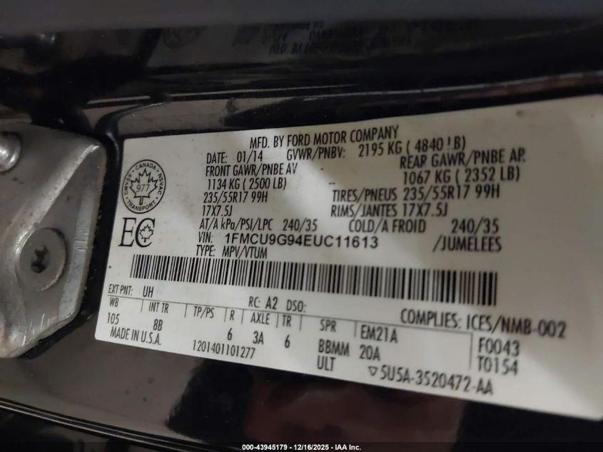 2014 Ford Escape Se VIN: 1FMCU9G94EUC11613 Lot: 43945179