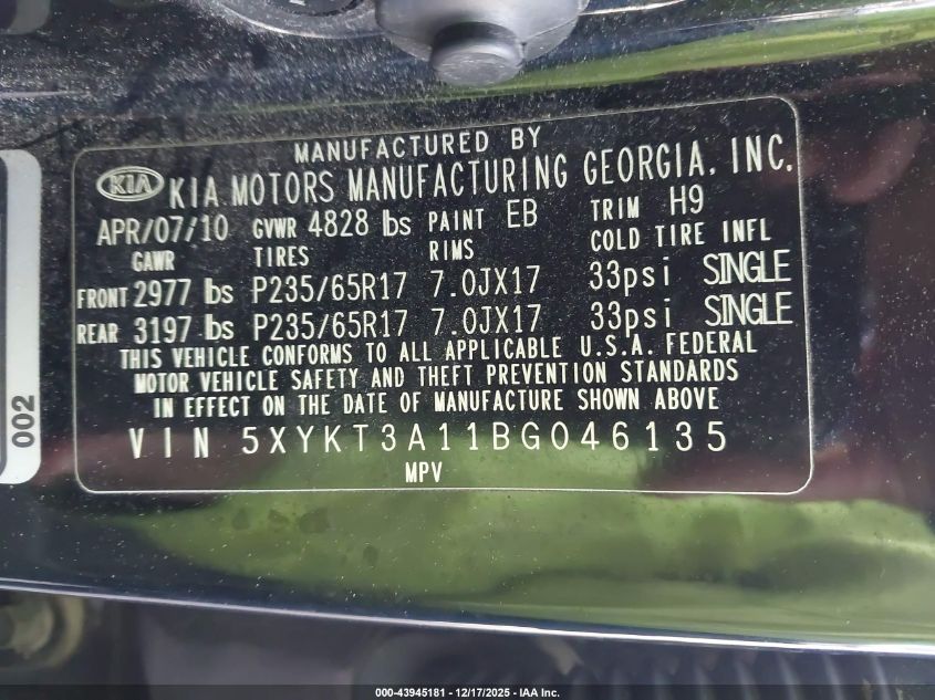 2011 Kia Sorento Lx VIN: 5XYKT3A11BG046135 Lot: 43945181