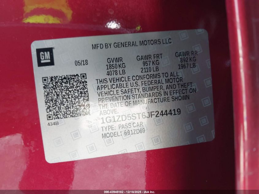 2018 Chevrolet Malibu Lt VIN: 1G1ZD5ST6JF244419 Lot: 43945182