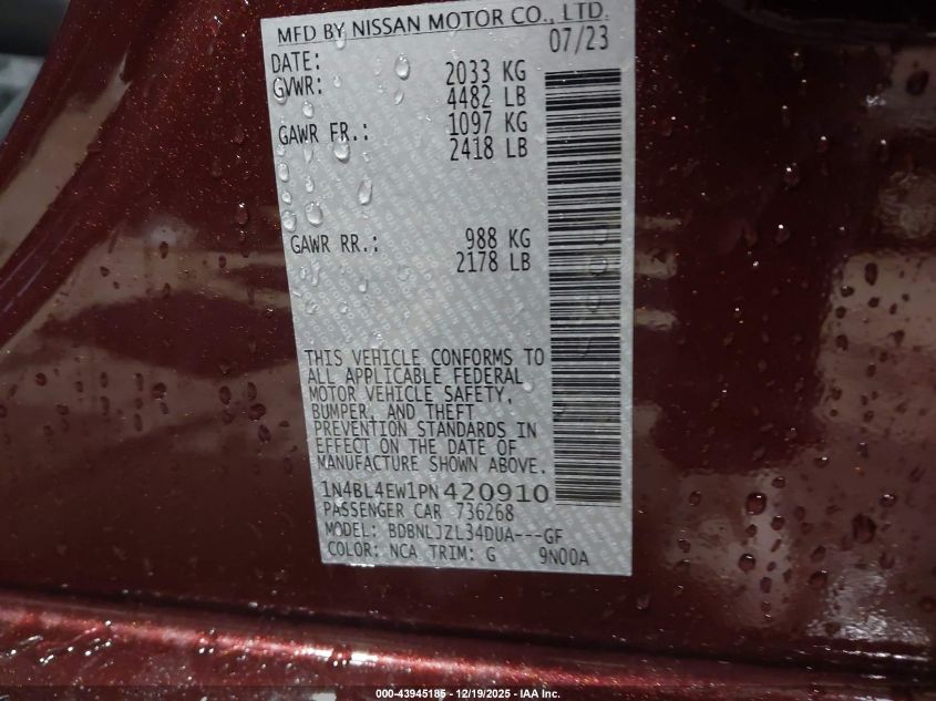 2023 Nissan Altima Sl Intelligent Awd VIN: 1N4BL4EW1PN420910 Lot: 43945185