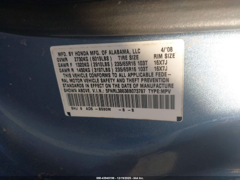 2008 Honda Odyssey Ex-L VIN: 5FNRL38638B073787 Lot: 43945196