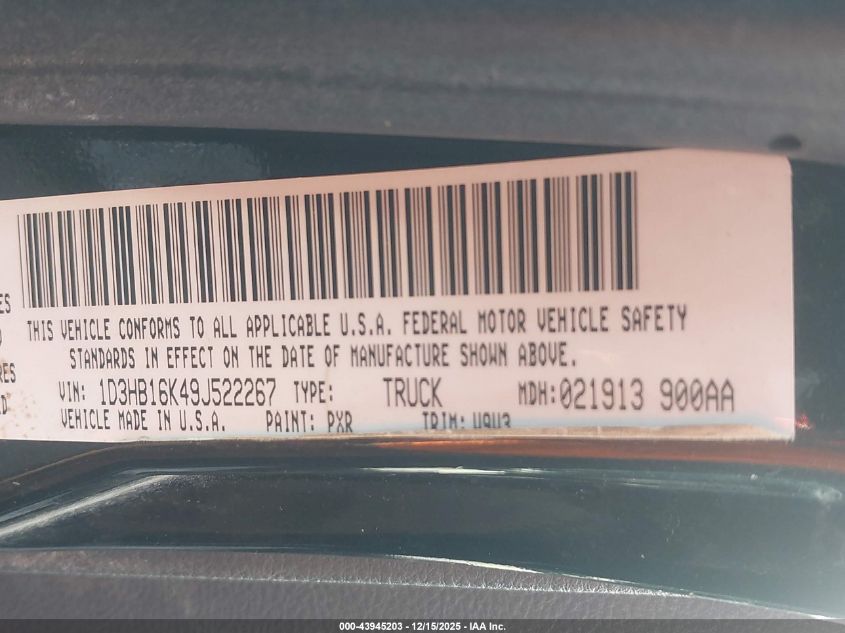 2009 Dodge Ram 1500 St VIN: 1D3HB16K49J522267 Lot: 43945203