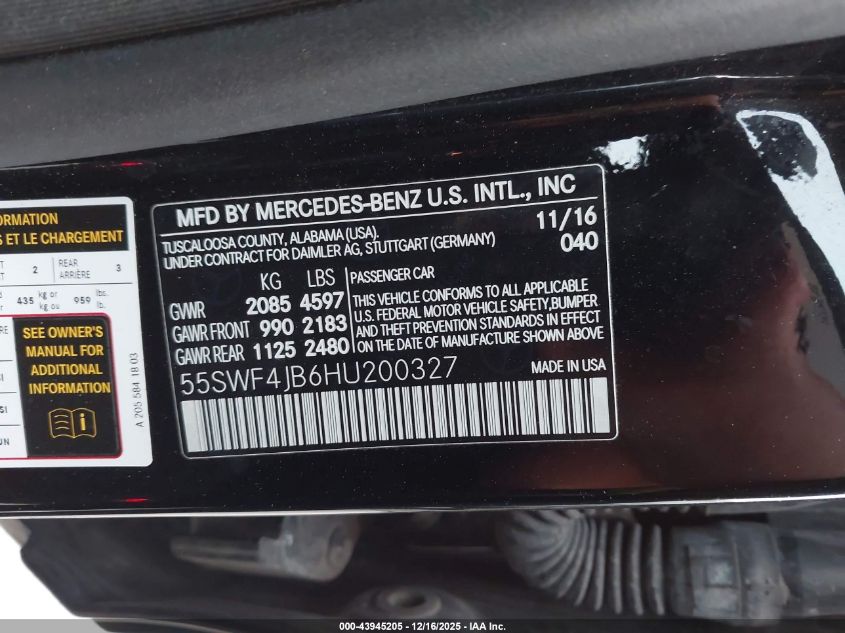 2017 Mercedes-Benz C 300 VIN: 55SWF4JB6HU200327 Lot: 43945205