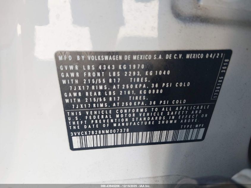 2022 Volkswagen Taos 1.5T S VIN: 3VVCX7B28NM007378 Lot: 43945206