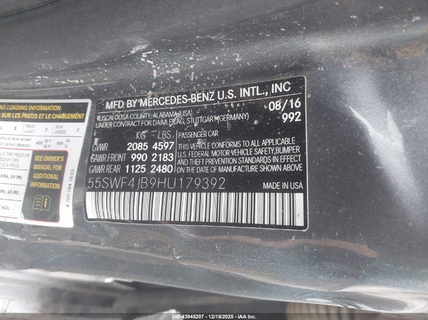 2017 Mercedes-Benz C 300 VIN: 55SWF4JB9HU179392 Lot: 43945207