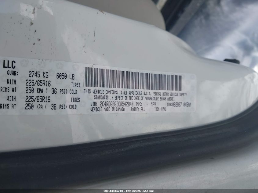 2013 Dodge Grand Caravan American Value Pkg VIN: 2C4RDGBG9DR542840 Lot: 43945210