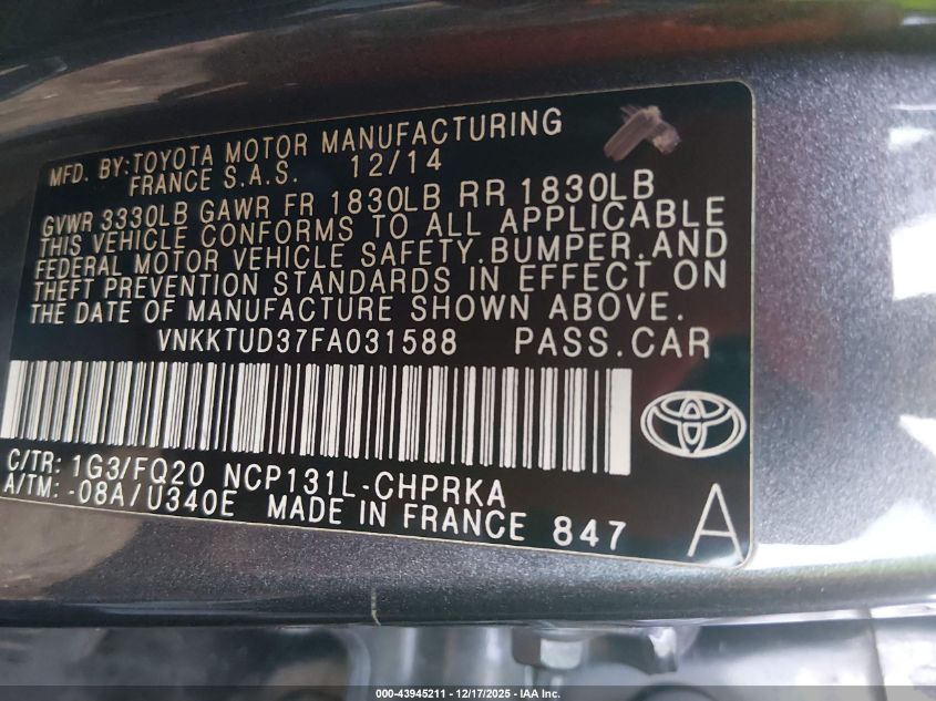 2015 Toyota Yaris L VIN: VNKKTUD37FA031588 Lot: 43945211