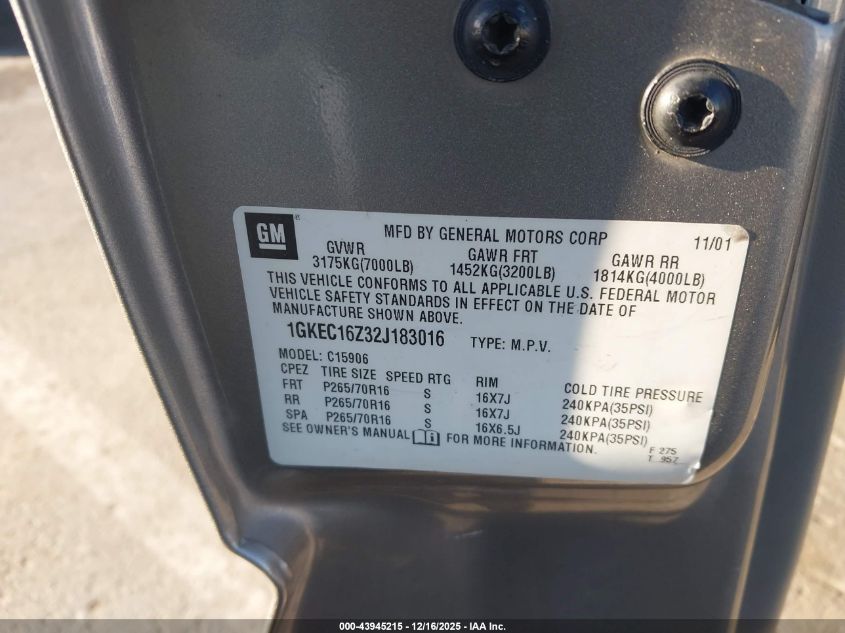 2002 GMC Yukon Xl 1500 Slt VIN: 1GKEC16Z32J183016 Lot: 43945215