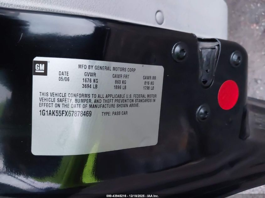 2006 Chevrolet Cobalt Ls VIN: 1G1AK55FX67878469 Lot: 43945216