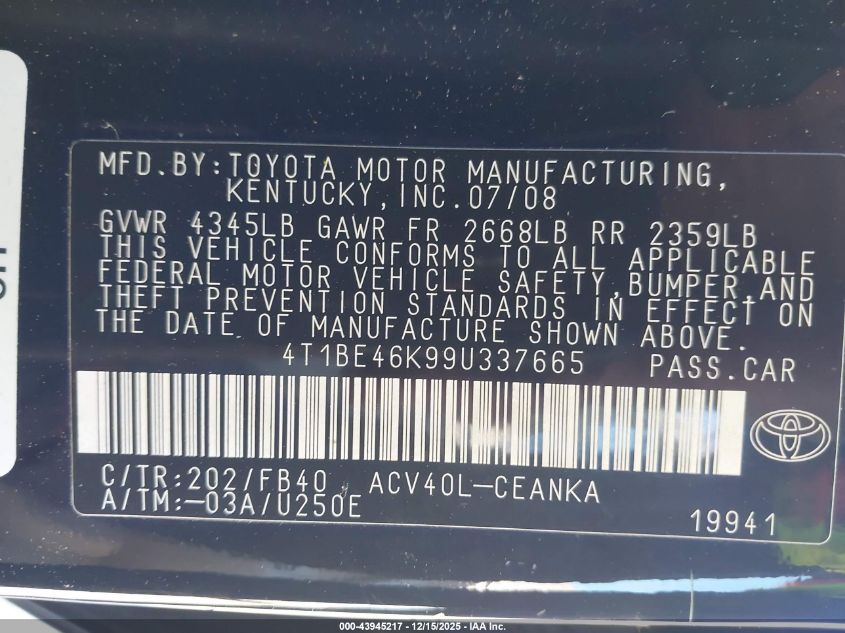 2009 Toyota Camry VIN: 4T1BE46K99U337665 Lot: 43945217