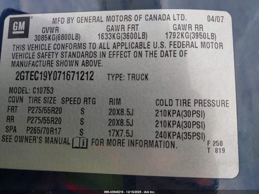 2007 GMC Sierra 1500 Slt VIN: 2GTEC19Y071671212 Lot: 43945218