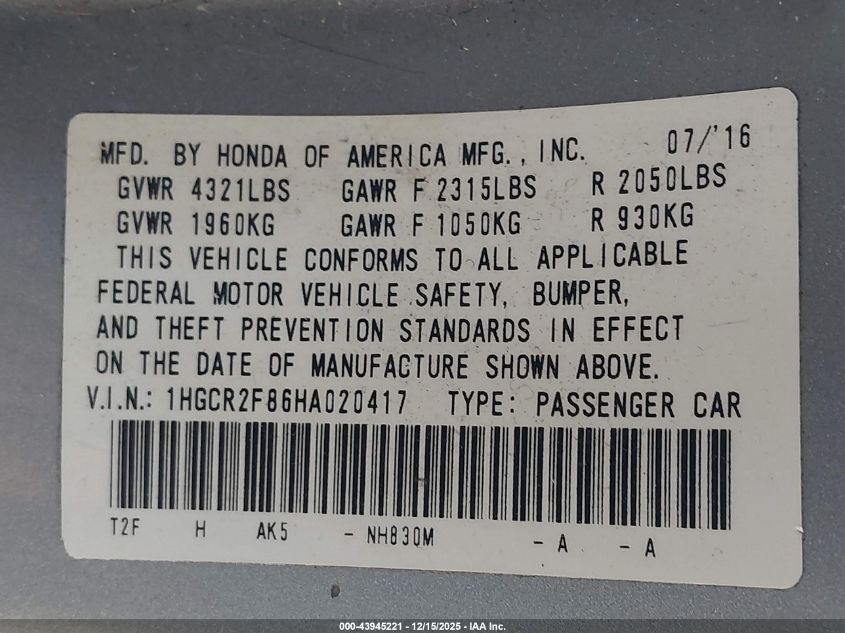 2017 Honda Accord Ex-L VIN: 1HGCR2F86HA020417 Lot: 43945221