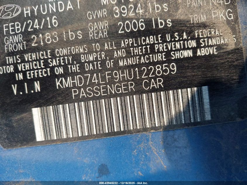 2017 Hyundai Elantra Se VIN: KMHD74LF9HU122859 Lot: 43945222