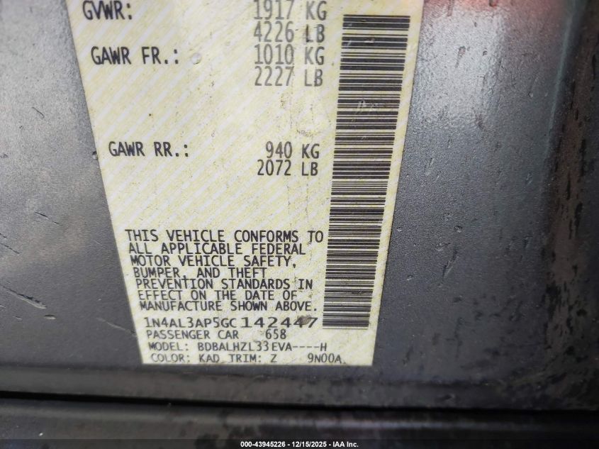 2016 Nissan Altima 2.5 Sr VIN: 1N4AL3AP5GC142447 Lot: 43945226