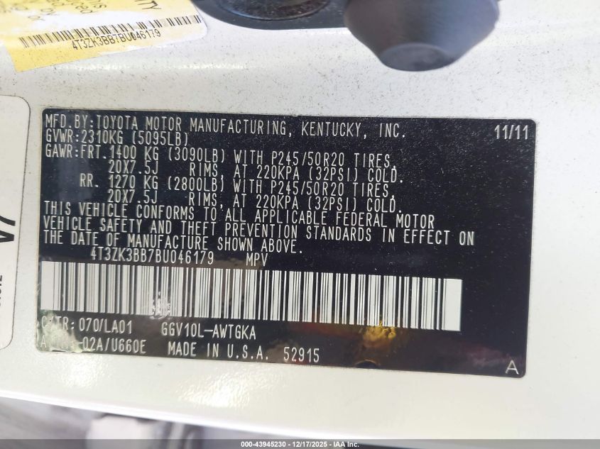 2011 Toyota Venza Base V6 VIN: 4T3ZK3BB7BU046179 Lot: 43945230