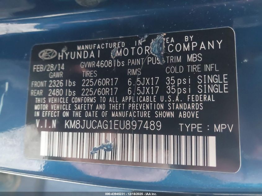 2014 Hyundai Tucson Se VIN: KM8JUCAG1EU897489 Lot: 43945231