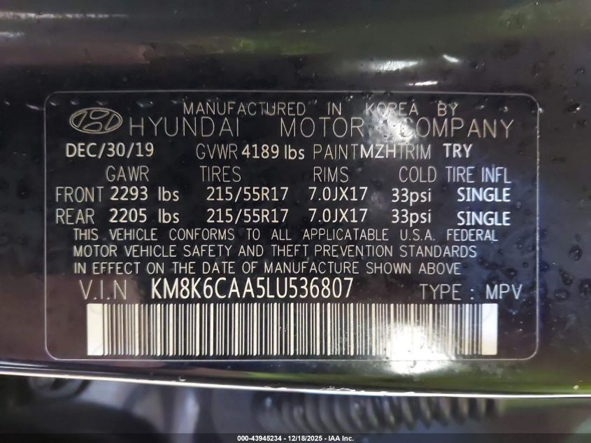 2020 Hyundai Kona Sel Plus VIN: KM8K6CAA5LU536807 Lot: 43945234