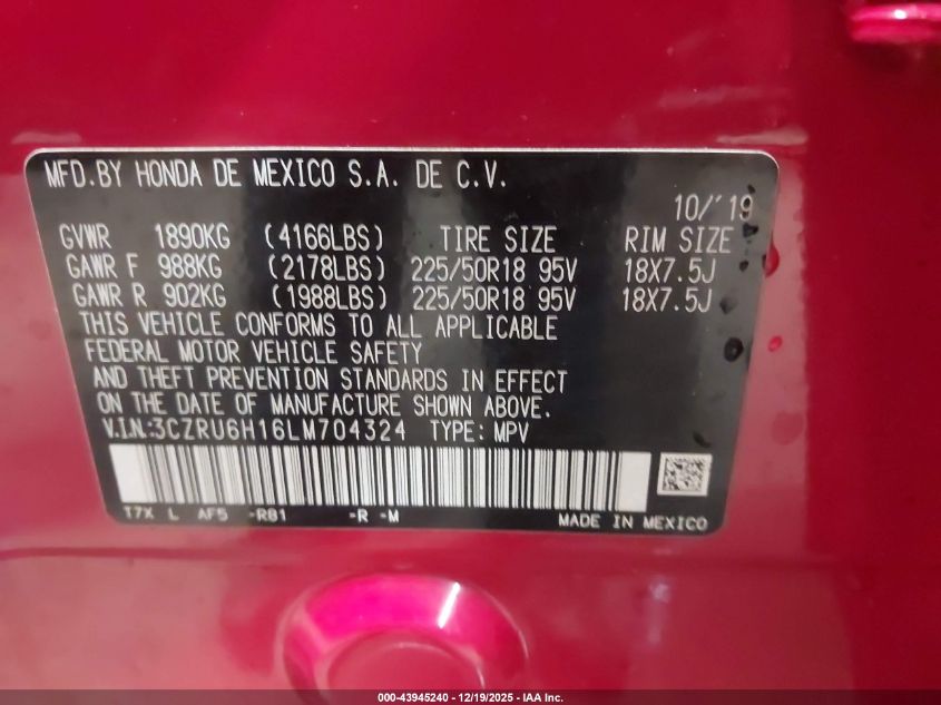 2020 Honda Hr-V Awd Sport VIN: 3CZRU6H16LM704324 Lot: 43945240