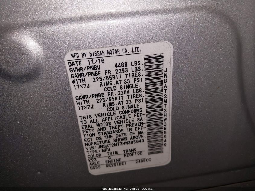 2017 Nissan Rogue S VIN: JN8AT2MT3HW385949 Lot: 43945242