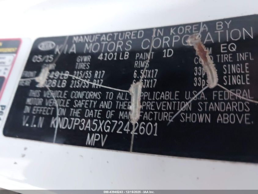 2016 Kia Soul + VIN: KNDJP3A5XG7242601 Lot: 43945243