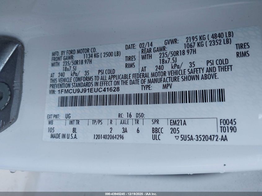 2014 Ford Escape Titanium VIN: 1FMCU9J91EUC41628 Lot: 43945245