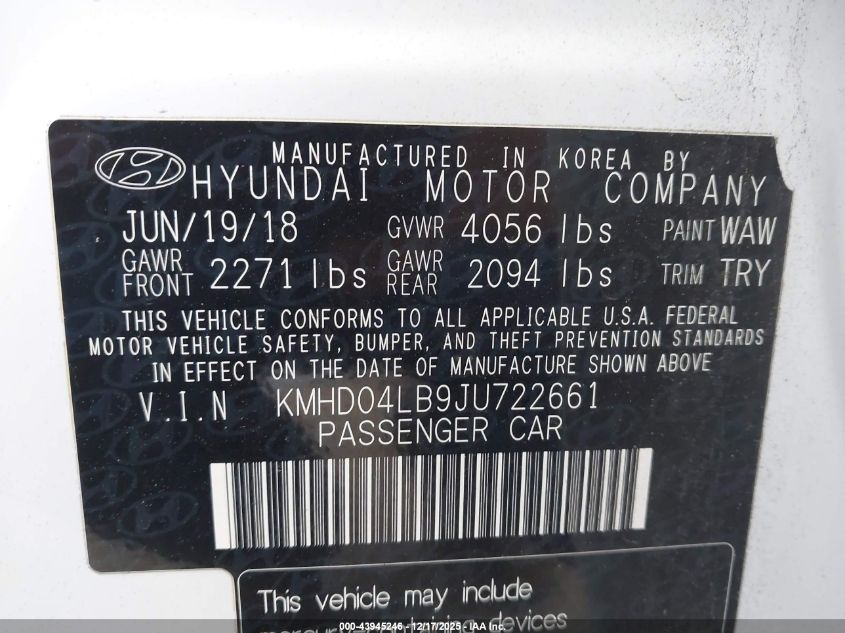 2018 Hyundai Elantra Sport VIN: KMHD04LB9JU722661 Lot: 43945246