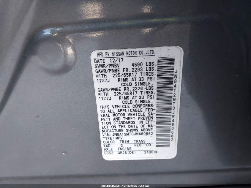 2018 Nissan Rogue S VIN: JN8AT2MT0JW460662 Lot: 43945250