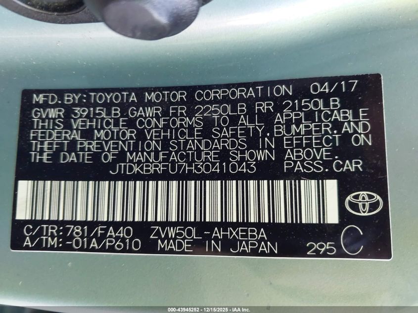 2017 Toyota Prius Two VIN: JTDKBRFU7H3041043 Lot: 43945252