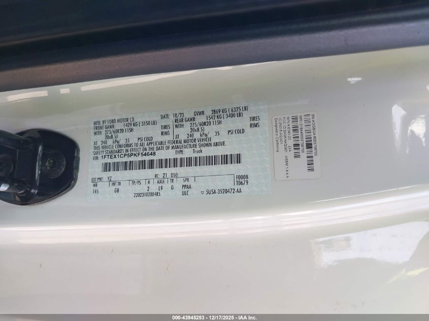 2023 Ford F-150 Xl VIN: 1FTEX1CP5PKF54648 Lot: 43945253