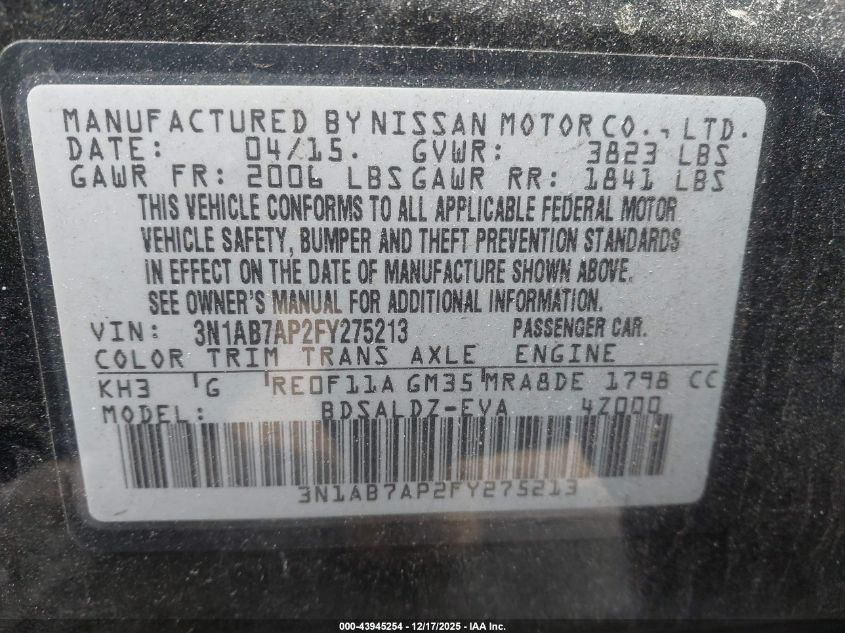 2015 Nissan Sentra Sv VIN: 3N1AB7AP2FY275213 Lot: 43945254