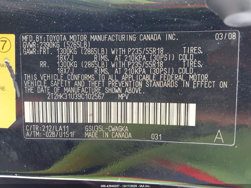 2009 Lexus Rx 350 VIN: 2T2HK31U39C102567 Lot: 43945257