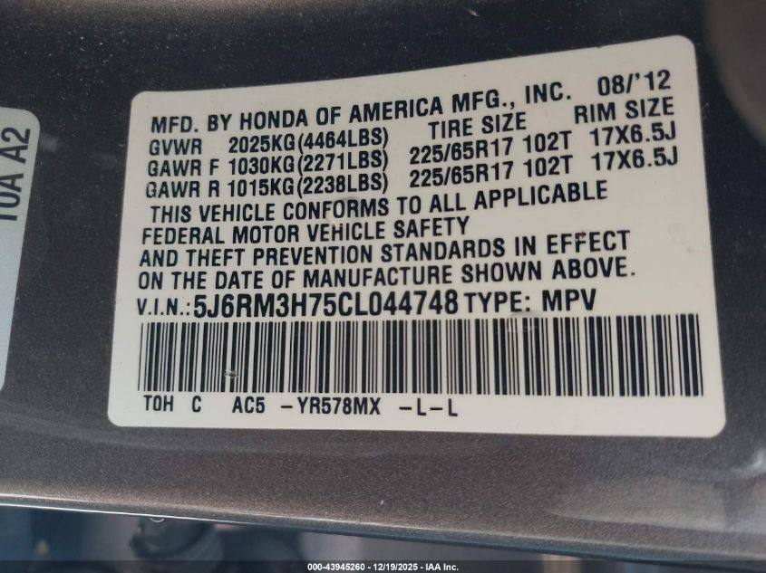 2012 Honda Cr-V Ex-L VIN: 5J6RM3H75CL044748 Lot: 43945260