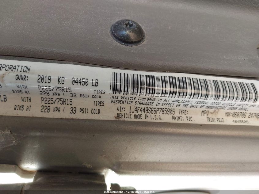 2006 Jeep Wrangler Sport Rhd VIN: 1J4F449S66P785905 Lot: 43945261