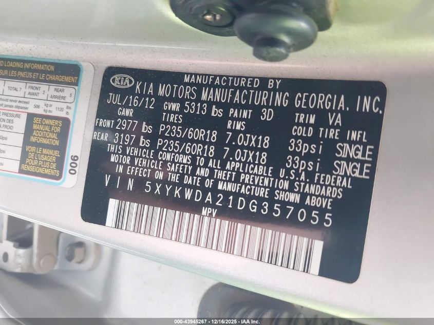 2013 Kia Sorento Sx V6 VIN: 5XYKWDA21DG357055 Lot: 43945267