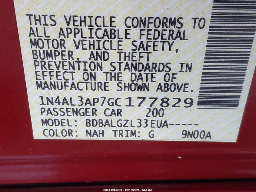 2016 Nissan Altima 2.5/2.5 S/2.5 Sl/2.5 Sr/2.5 Sv VIN: 1N4AL3AP7GC177829 Lot: 43945268