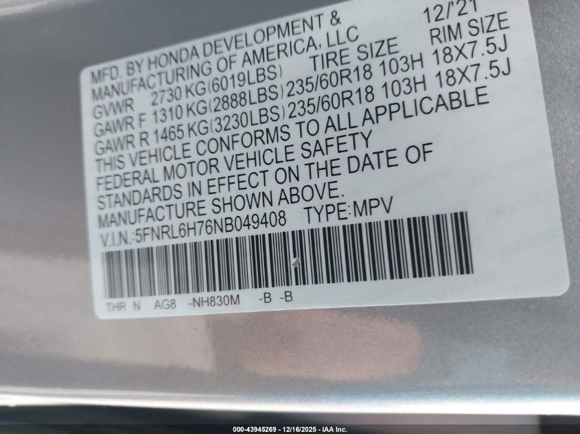 2022 Honda Odyssey Ex-L VIN: 5FNRL6H76NB049408 Lot: 43945269