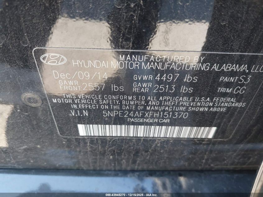 2015 Hyundai Sonata Se VIN: 5NPE24AFXFH151370 Lot: 43945270