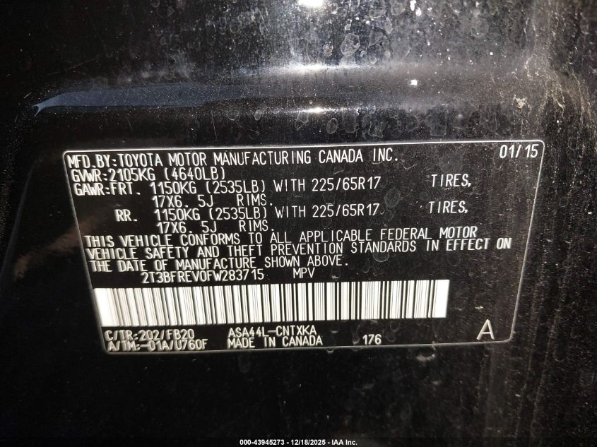 2015 Toyota Rav4 Le VIN: 2T3BFREV0FW283715 Lot: 43945273