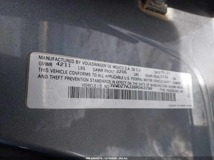 2011 Volkswagen Jetta 2.5L Se VIN: 3VWDZ7AJ3BM363798 Lot: 43945274