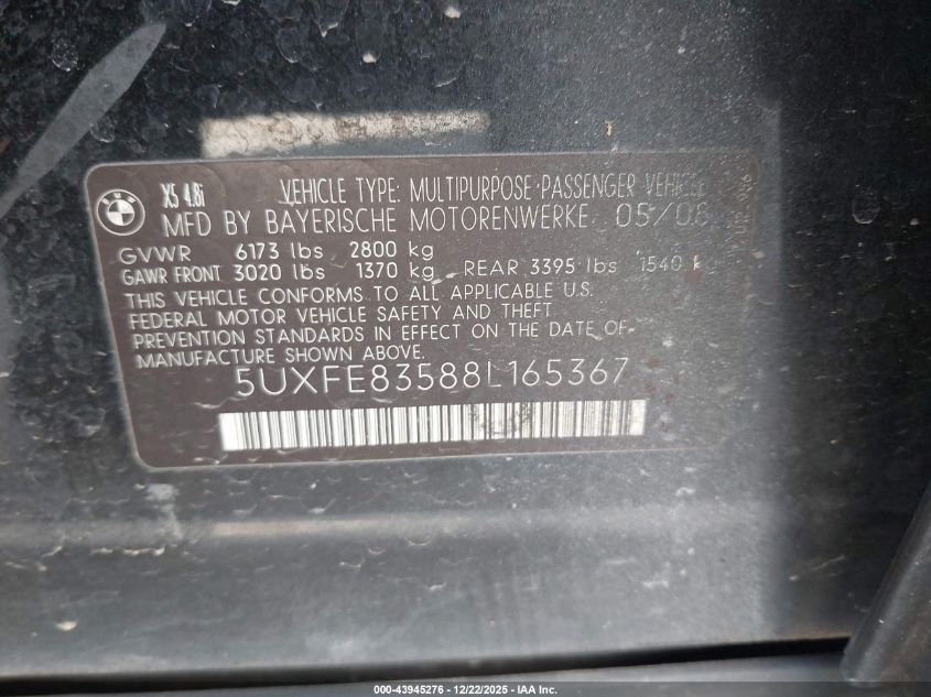 2008 BMW X5 4.8I VIN: 5UXFE83588L165367 Lot: 43945276