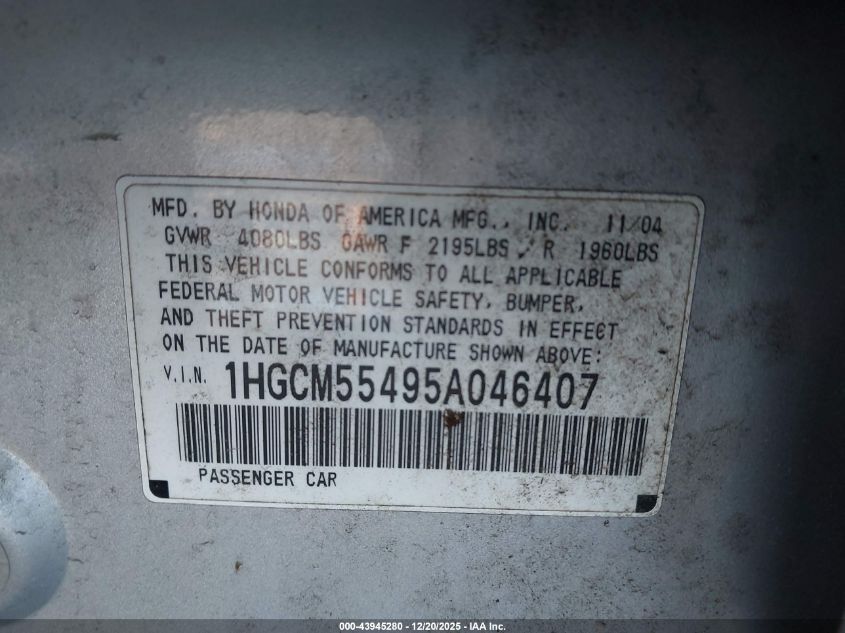2005 Honda Accord 2.4 Lx VIN: 1HGCM55495A046407 Lot: 43945280