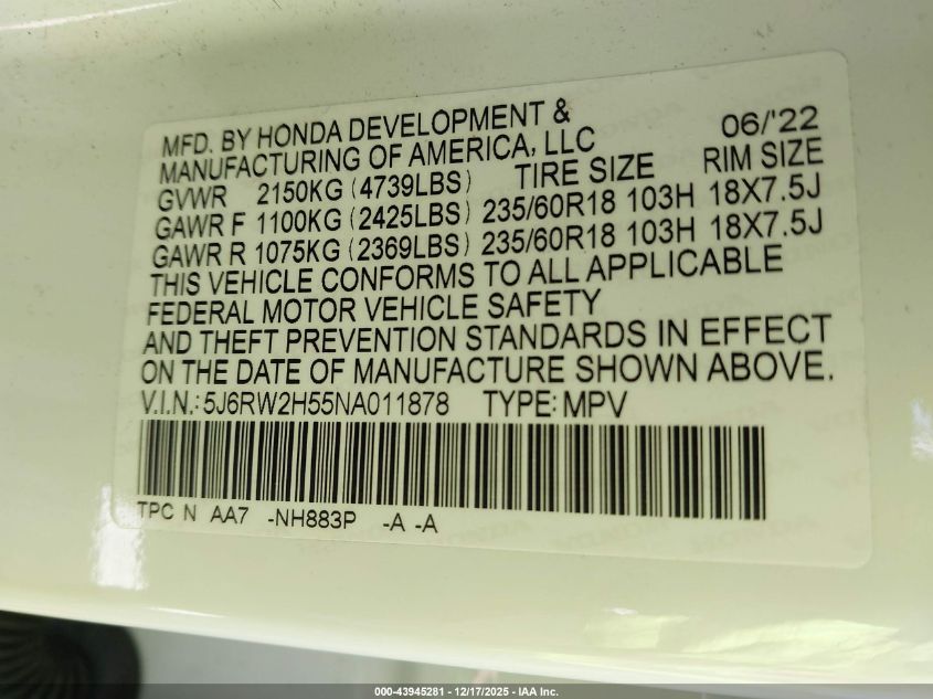 2022 Honda Cr-V Awd Ex VIN: 5J6RW2H55NA011878 Lot: 43945281