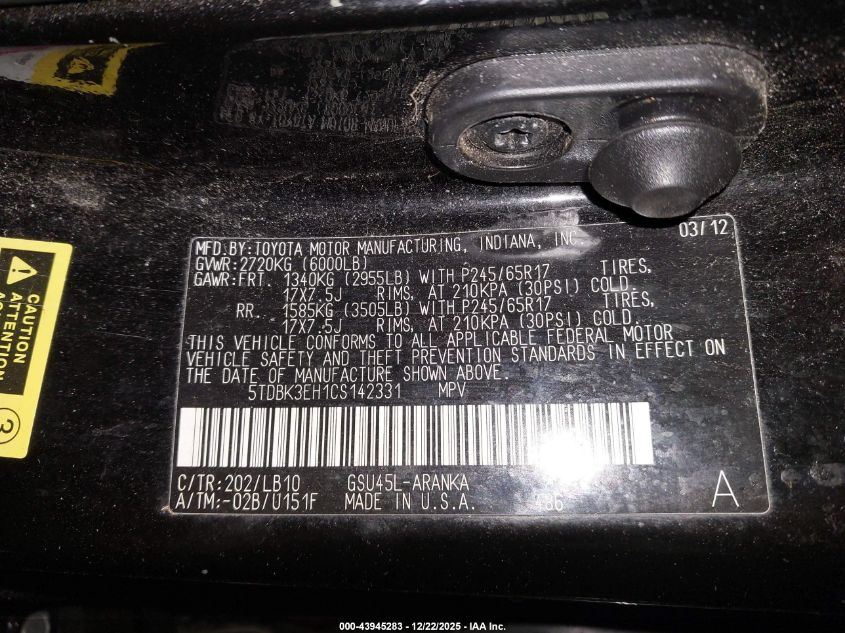 2012 Toyota Highlander Se V6 VIN: 5TDBK3EH1CS142331 Lot: 43945283