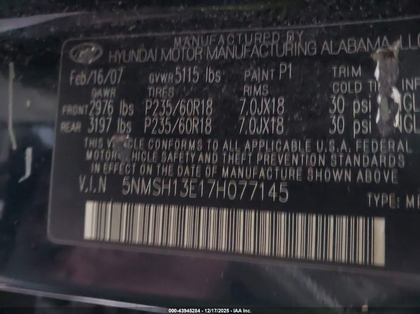 2007 Hyundai Santa Fe Limited/Se VIN: 5NMSH13E17H077145 Lot: 43945284