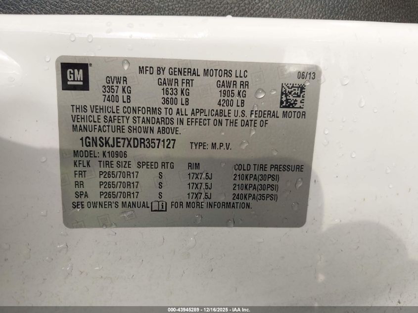 2013 Chevrolet Suburban 1500 Lt VIN: 1GNSKJE7XDR357127 Lot: 43945289