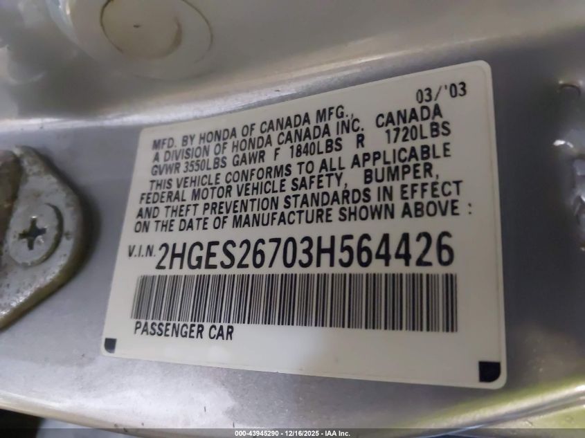 2003 Honda Civic Ex VIN: 2HGES26703H564426 Lot: 43945290