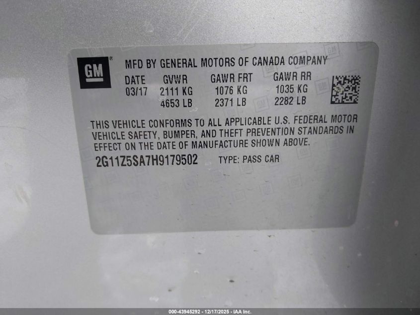 2017 Chevrolet Impala Ls VIN: 2G11Z5SA7H9179502 Lot: 43945292