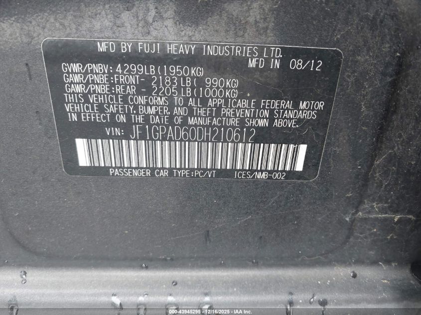 2013 Subaru Impreza 2.0I Premium VIN: JF1GPAD60DH210612 Lot: 43945295