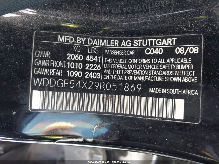 2009 Mercedes-Benz C 300 Luxury/Sport VIN: WDDGF54X29R051869 Lot: 43945297