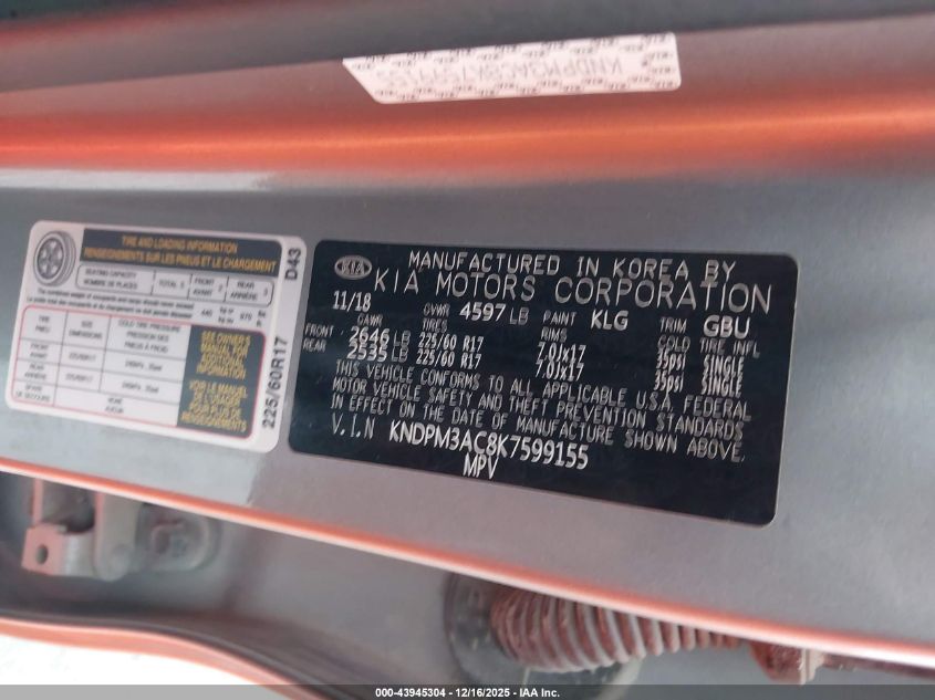 2019 Kia Sportage Lx VIN: KNDPM3AC8K7599155 Lot: 43945304